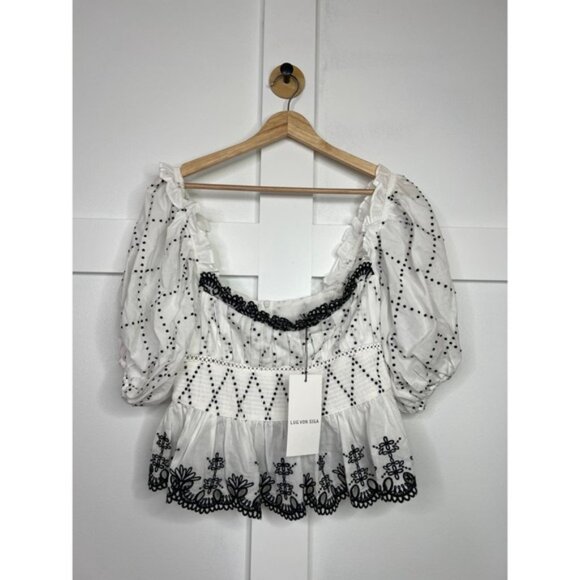 NWT Lug Von Siga Embroidered Scallop Sienna Top Off White and Black Size: 8 - Picture 2 of 8
